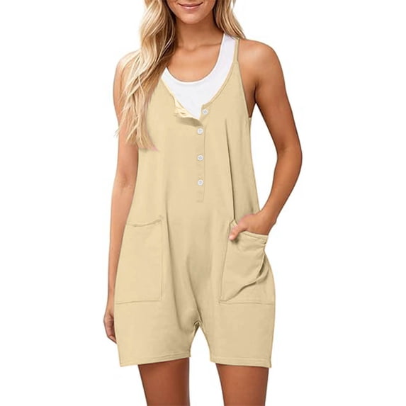 Button Down Rompers for Women Casual Shorts Trendy Vacation Loose Sleeveless Beach Romper Jumpsuits with Pockets