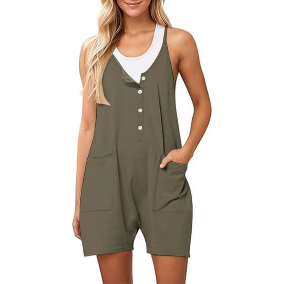 Button Down Rompers for Women Casual Shorts Trendy Vacation Loose Sleeveless Beach Romper Jumpsuits with Pockets
