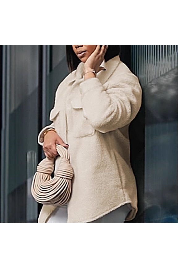 Button Down Shacket (S, Beige)