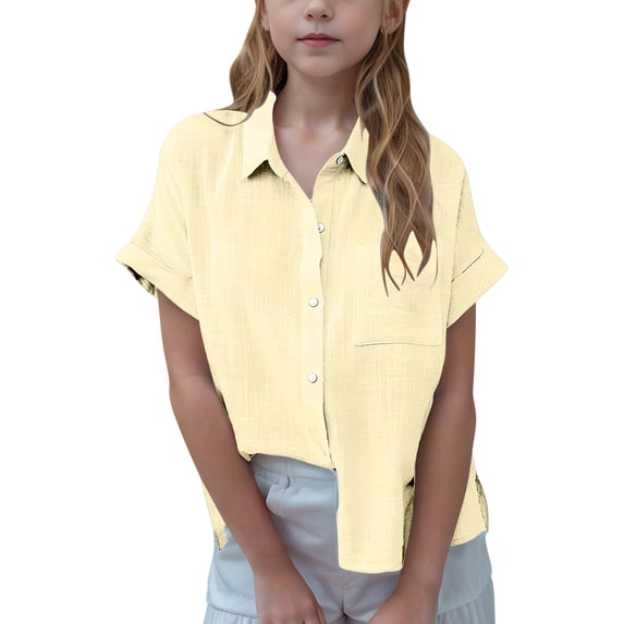Button Down Shirt Girls Short Sleeve Roll Up Blouses V Neck Collared Button Up Summer Beach Tops with Chest Pocket