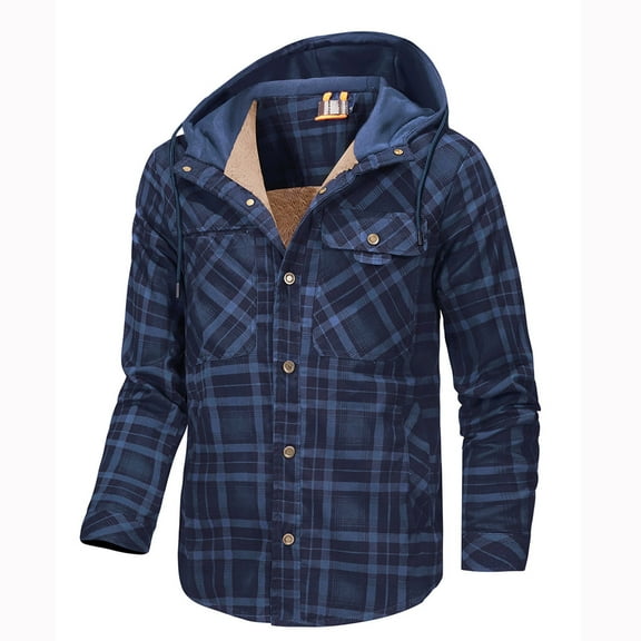 Button-Down Shirt Jackets for Men with Pockets and Hoodie Fleece Lined Shackets Long Sleeve Casual Plaid Printed Thermal Warm Outerwear Coats