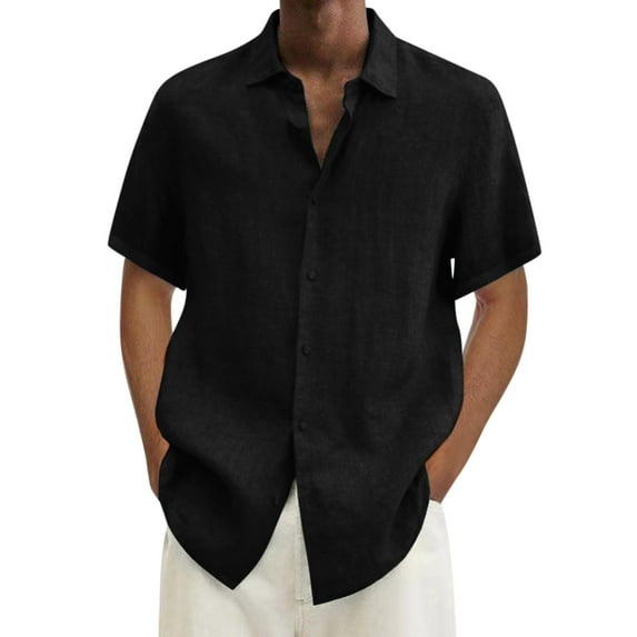 Button Down Shirt Male Solid Turn Down Button Shirt Linen Casual Short Sleeve Double Pocket Mens Linen Shirt Black M