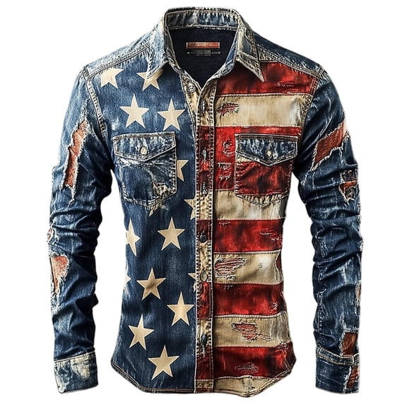 Button Down Shirt Men Long Sleeve Trend Classic Loose Casual Spring Flag Pring Work Blue Shirt