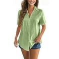 thumbnail image 1 of Button Down Shirt Women Cotton Short Sleeve Blouses V Neck Collared Button Up Summer Beach Tops Green M, 1 of 5