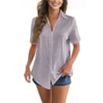 thumbnail image 1 of Button Down Shirt Women Cotton Short Sleeve Blouses V Neck Collared Button Up Summer Beach Tops Light Purple XL, 1 of 6