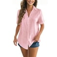 thumbnail image 1 of Button Down Shirt Women Cotton Short Sleeve Blouses V Neck Collared Button Up Summer Beach Tops Pink L, 1 of 6