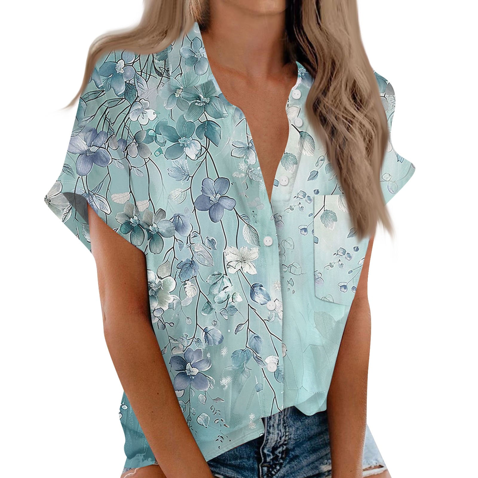 Button Down Shirt Women Cotton Short Sleeve Blouses V Neck Collared ...