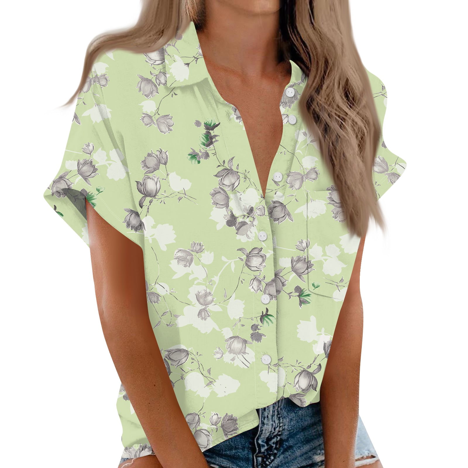 Button Down Shirt Women Cotton Short Sleeve Blouses V Neck Collared ...