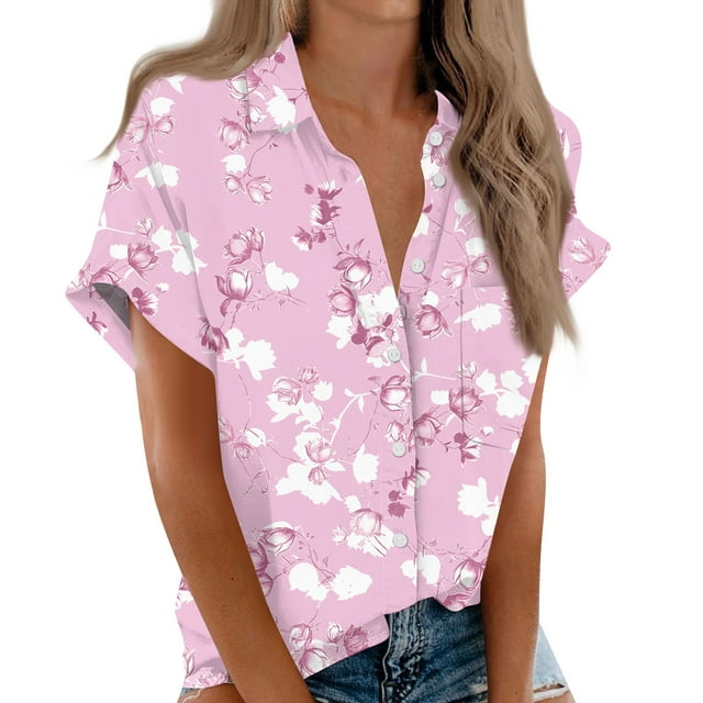 Button Down Shirt Women Cotton Short Sleeve Blouses V Neck Collared Button Up Summer Beach Tops