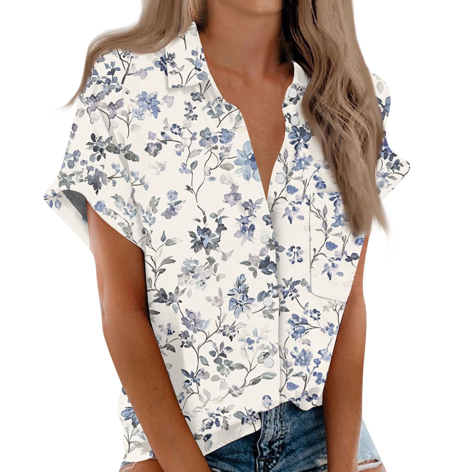 Button Down Shirt Women Cotton Short Sleeve Blouses V Neck Collared ...