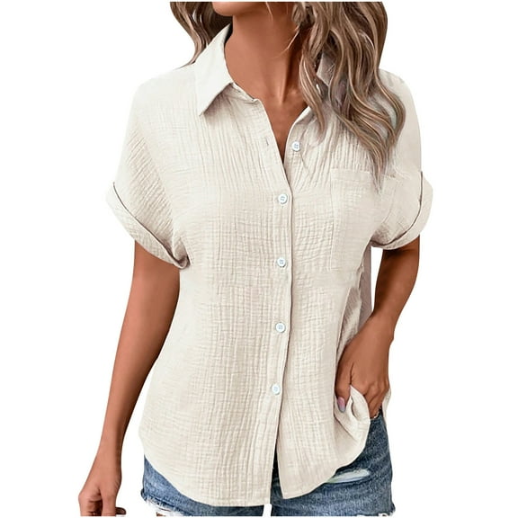 Button Down Shirt Women Cotton Short Sleeve Blouses V Neck Collared Button Up Summer Beach Tops