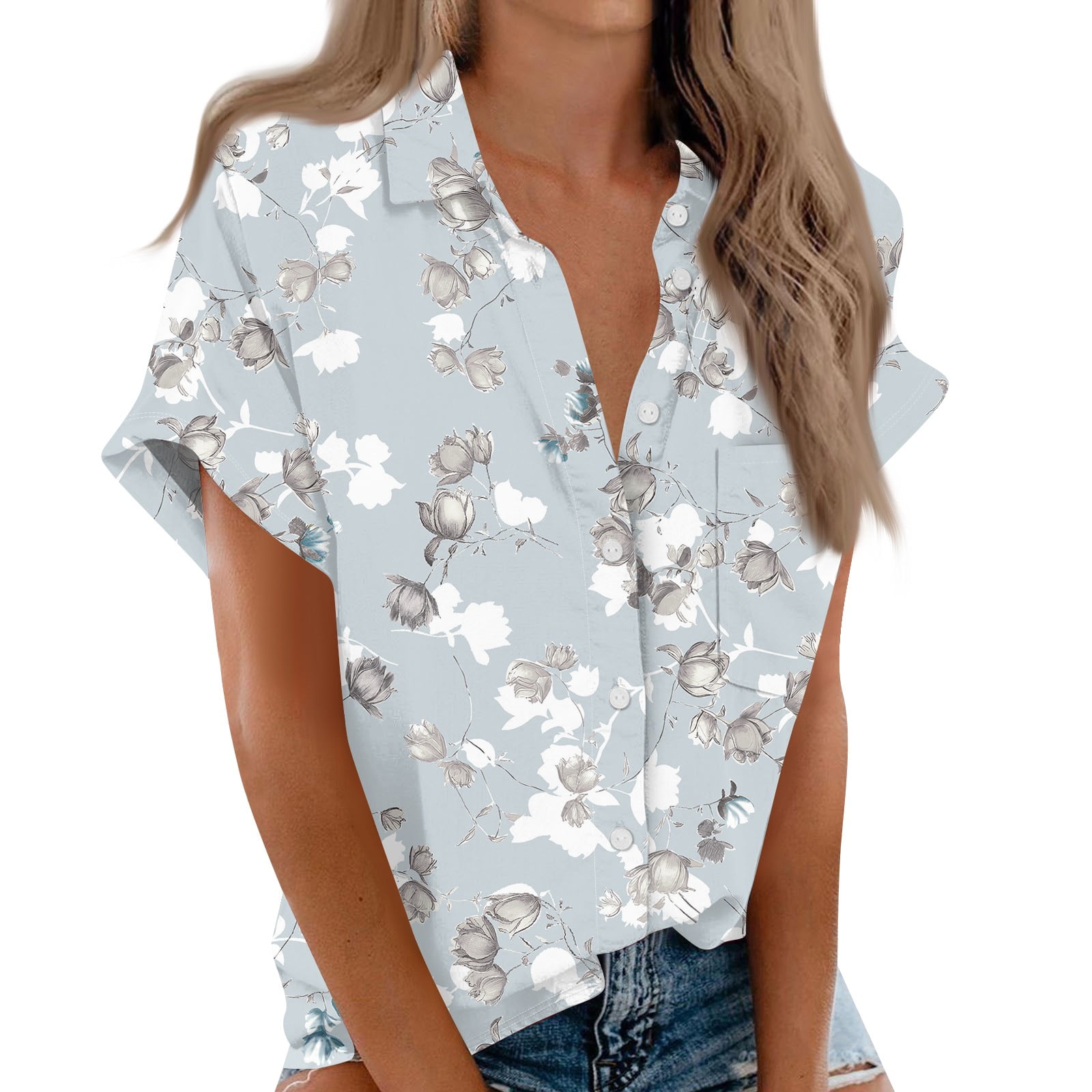 Button Down Shirt Women Cotton Short Sleeve Blouses V Neck Collared ...