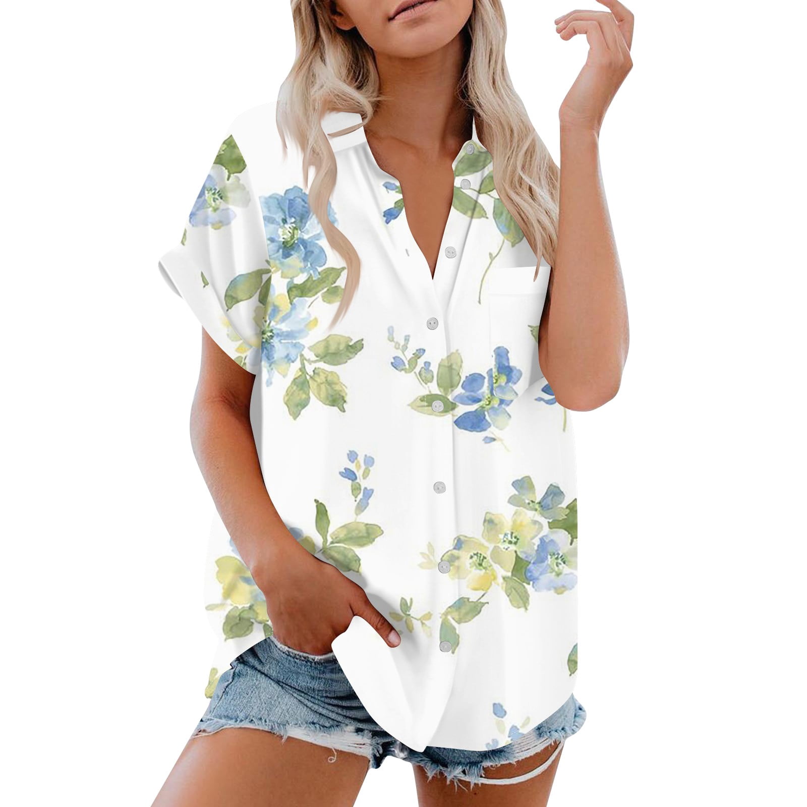 Button Down Shirt Women Cotton Short Sleeve Blouses V Neck Collared ...