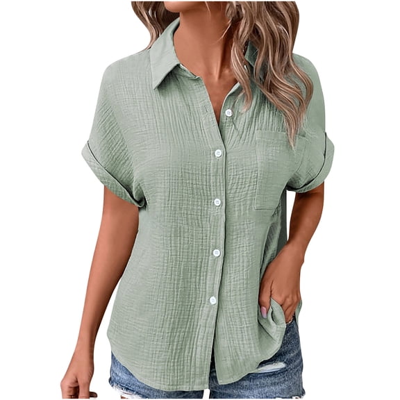 Button Down Shirt Women Cotton Short Sleeve Blouses V Neck Collared Button Up Summer Beach Tops