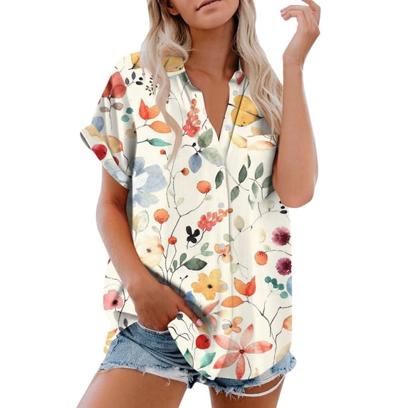 OmicGot Women's Plus Size V-Neck Tunic Top - Short Sleeve, Button Front, Flowy Hem (Sizes L To 4XL)
