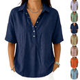 thumbnail image 1 of Button Down Shirt Women Linen Summer Half Sleeve Cotton Polo Shirt Lapel Gauze Peasant Tops Trendy Loose Casual Blouses Navy L, 1 of 8