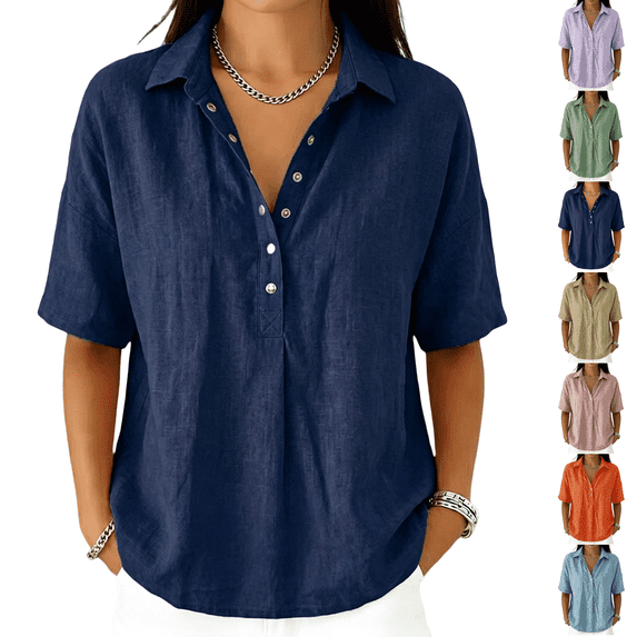 Button Down Shirt Women Linen Summer Half Sleeve Cotton Polo Shirt Lapel Gauze Peasant Tops Trendy Loose Casual Blouses Navy L