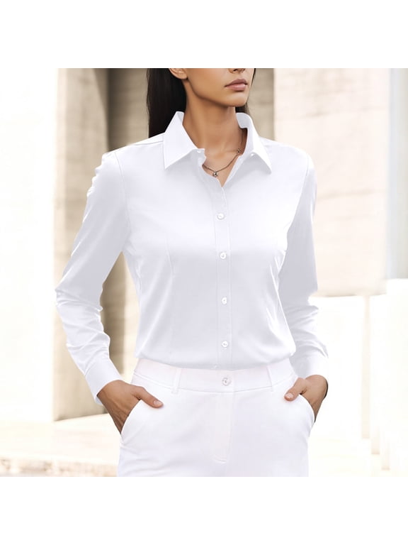 Button Down Shirt Women Long Sleeve Casual Business Dressy Blouses Lapel Collar Solid Color Office Work Tops (M, White)