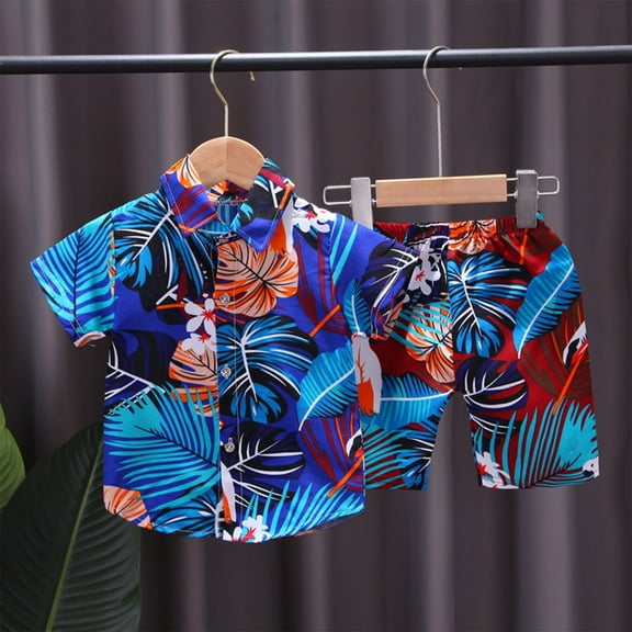Button Down Shirt and Shorts For Boys 2 Piece Outfits Hawaiian Shorts Sets Graphic Summer Beach Clothes for 1-6 Years Blue 5-6 Years