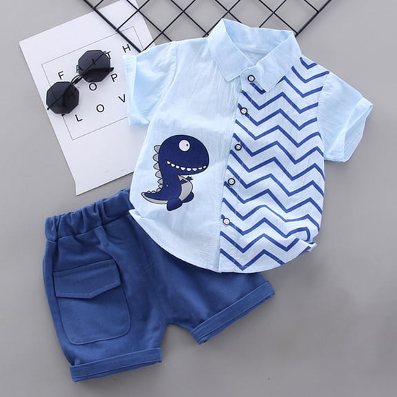 Button Down Shirt and Shorts For Boys Summer 2 Piece Outfits Hawaiian Shorts Sets Beach Clothes for 2-8 Years Light Blue 5-6 Years