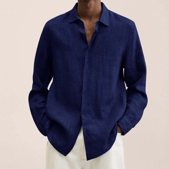 Button Down Shirt for Men Casual Stylish Basic Shirts Slim Fit Solid Color Open-Front Shirt Navy Size M
