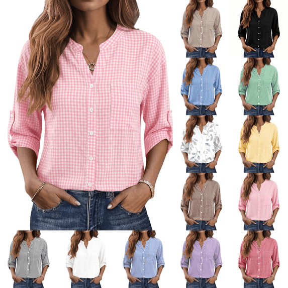 Button Down Shirt for Women 3/4 Length Sleeve Cotton Collared Loose Fit Business Casual Summer