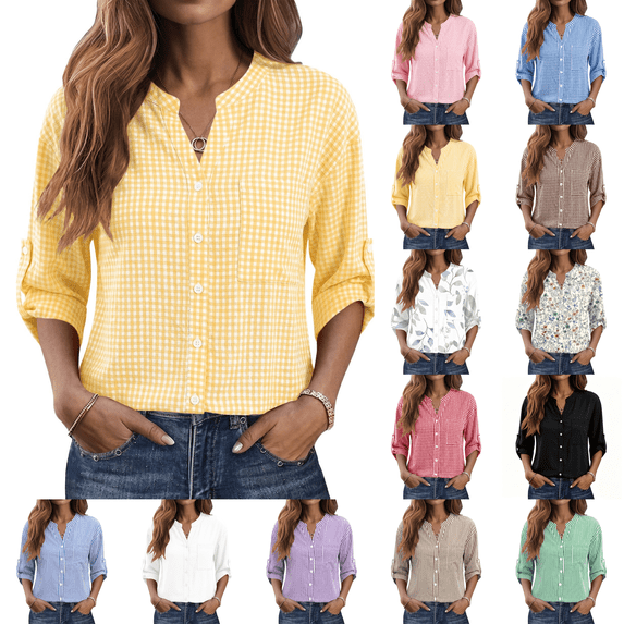 Button Down Shirt for Women 3/4 Length Sleeve Cotton Collared Loose Fit Business Casual Summer