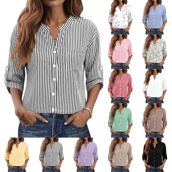 Button Down Shirt for Women 3/4 Length Sleeve Cotton Collared Loose Fit Business Casual Summer