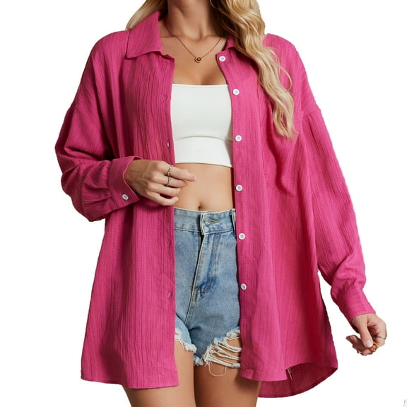 Button Down Shirt for Women Casual Long Sleeve Oversize Fit with Pocketl Hot Pink