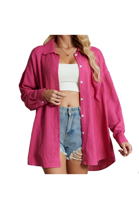 Button Down Shirt for Women Casual Long Sleeve Oversize Fit with Pocketl Hot Pink