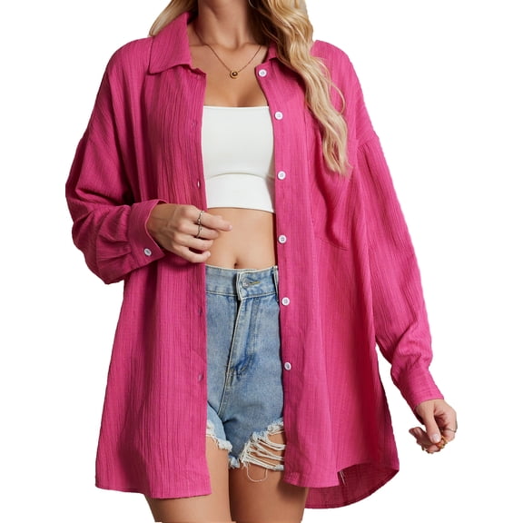 Button Down Shirt for Women Casual Long Sleeve Oversize Fit with Pocketl Hot Pink