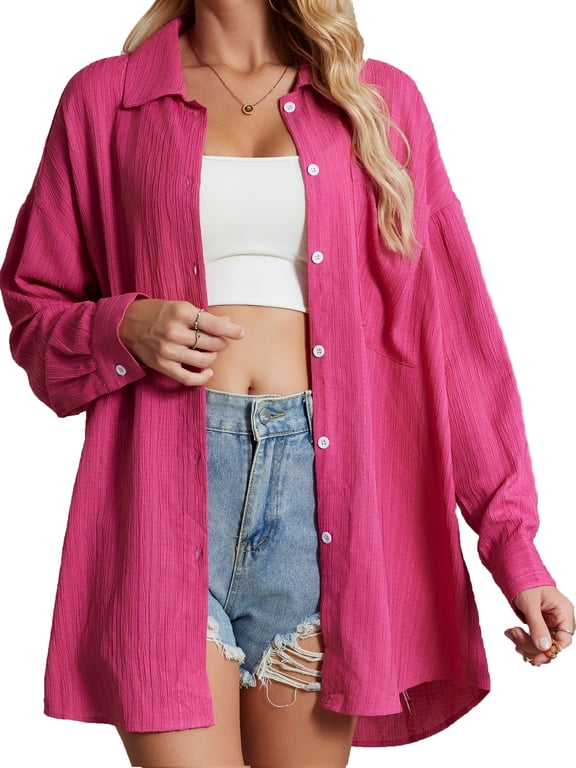 Button Down Shirt for Women Casual Long Sleeve Oversize Fit with Pocketl Hot Pink