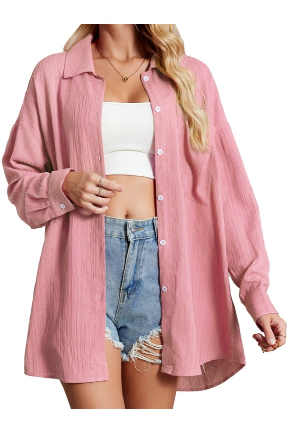 Button Down Shirt for Women Casual Long Sleeve Oversize Fit with Pocketl Pink