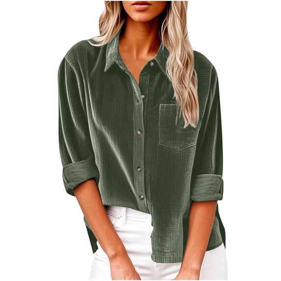 Button Down Shirt for Women Casual V Neck Long Sleeve Blouses Summer Lable Collared Shirt with Pocket