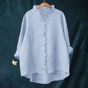 Button Down Shirt for Women Dressy Casual Cotton Linen 3/4 Sleeve Hi-Low Hem Blouse Ruffle Trim V Neck Summer Beach Tops Light Blue S-Xxl