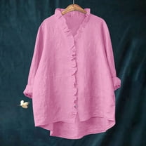 Button Down Shirt for Women Dressy Casual Cotton Linen 3/4 Sleeve Hi-Low Hem Blouse Ruffle Trim V Neck Summer Beach Tops Pink S-Xxl