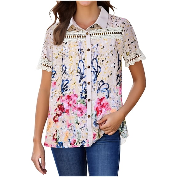 Button Down Shirt for Women Floral Print Short Sleeve Casual Loose Blouse Summer Collared Tunic Tee Tops