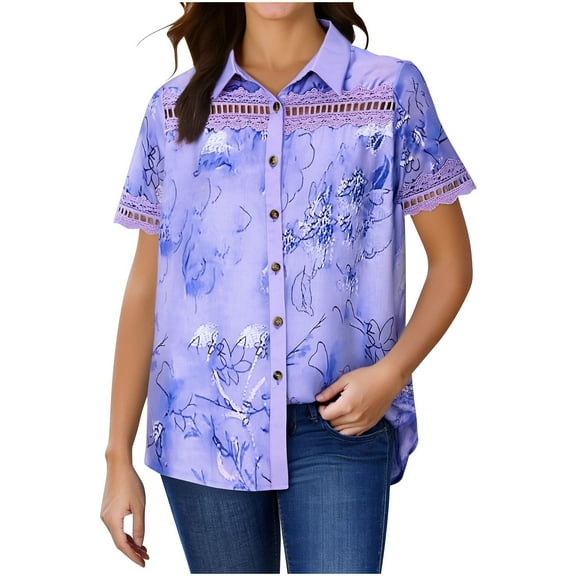 Button Down Shirt for Women Floral Print Short Sleeve Casual Loose Blouse Summer Collared Tunic Tee Tops