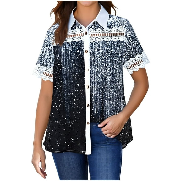 Button Down Shirt for Women Floral Print Short Sleeve Casual Loose Blouse Summer Collared Tunic Tee Tops