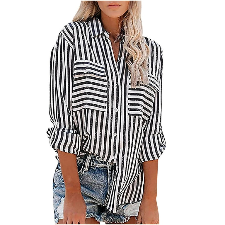 Button Down Shirt for Women Lapel Stripe Long Sleeve Blouse Casual Loose  Fit Fall Sprint Going out Tops with Pockets Ladies Clothes