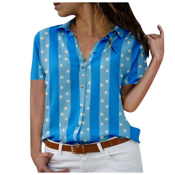 Button Down Shirt for Women Lapel Stripe Polka Dots Short Sleeve Tops Casual Loose Fit Summer Going out Blouse Tee