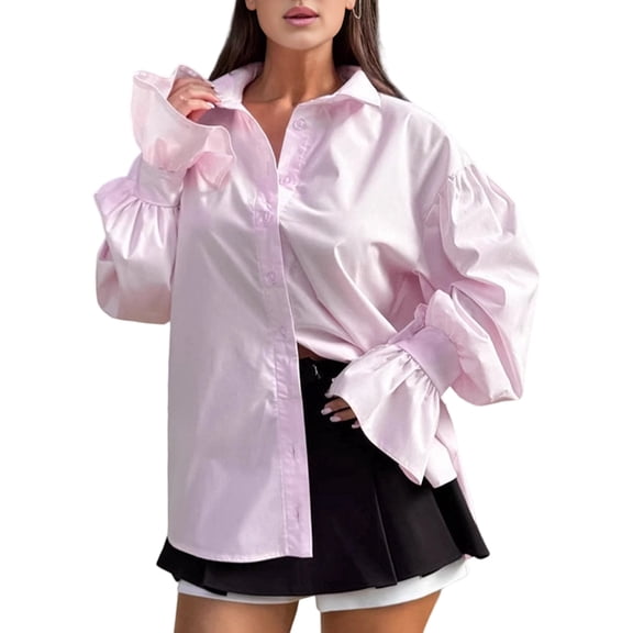 Button Down Shirt for Women Long Sleeve Blouses Tops Business Casual Work Outfits Pink L