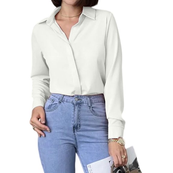 Button Down Shirt for Women Long Sleeve Solid Color Blouses Tops Business Casual Work Outfits White (256) S