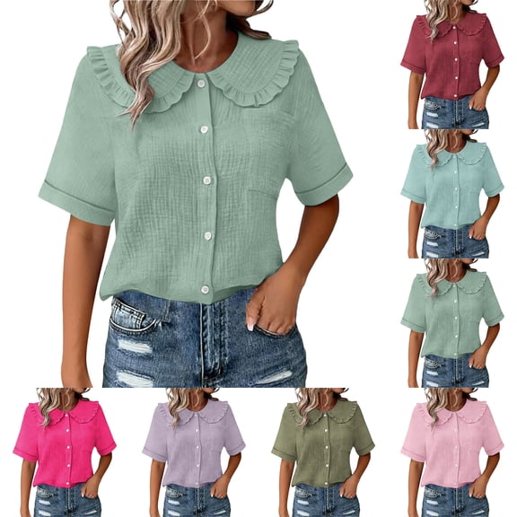Button Down Shirt for Women Ruffled Collar Short Sleeve Blouses Plus Size Linen Blend Cute Summer Tops (XL, Green)