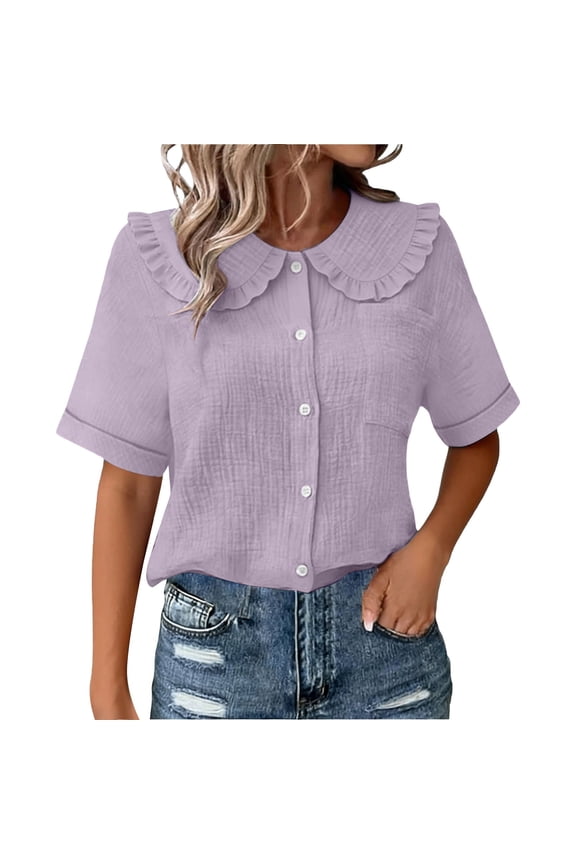 Button Down Shirt for Women Ruffled Collar Short Sleeve Blouses Plus Size Linen Blend Cute Summer Tops (XL, Purple)