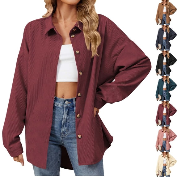 Button Down Shirt for Women Solid Color Long Sleeve Button Front Shirt Relaxed Fit Vertical Striped Textured Blouse Tops