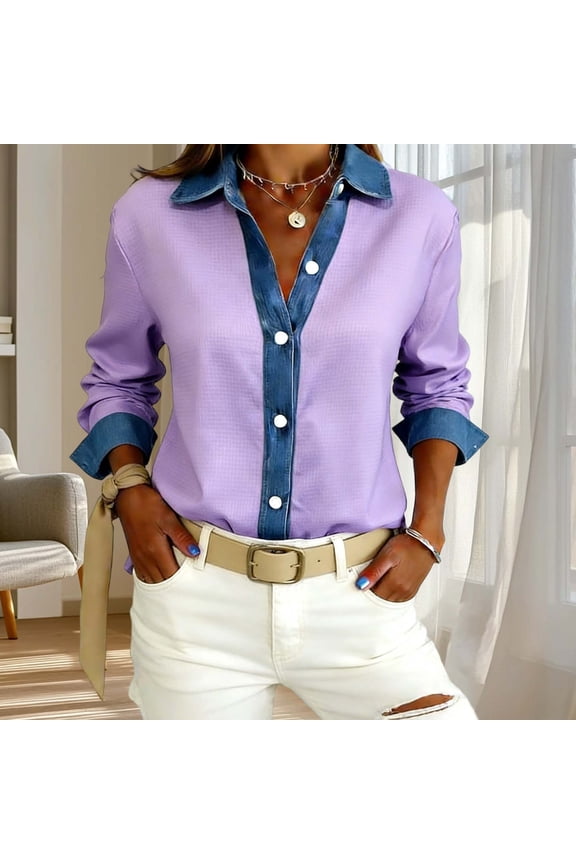 Button Down Shirt for Women V Neck Long Sleeve Casual Loose Fit Blouse Denim Contrast Collar Rolled Cuffs Soft Work Office Daily Tops
