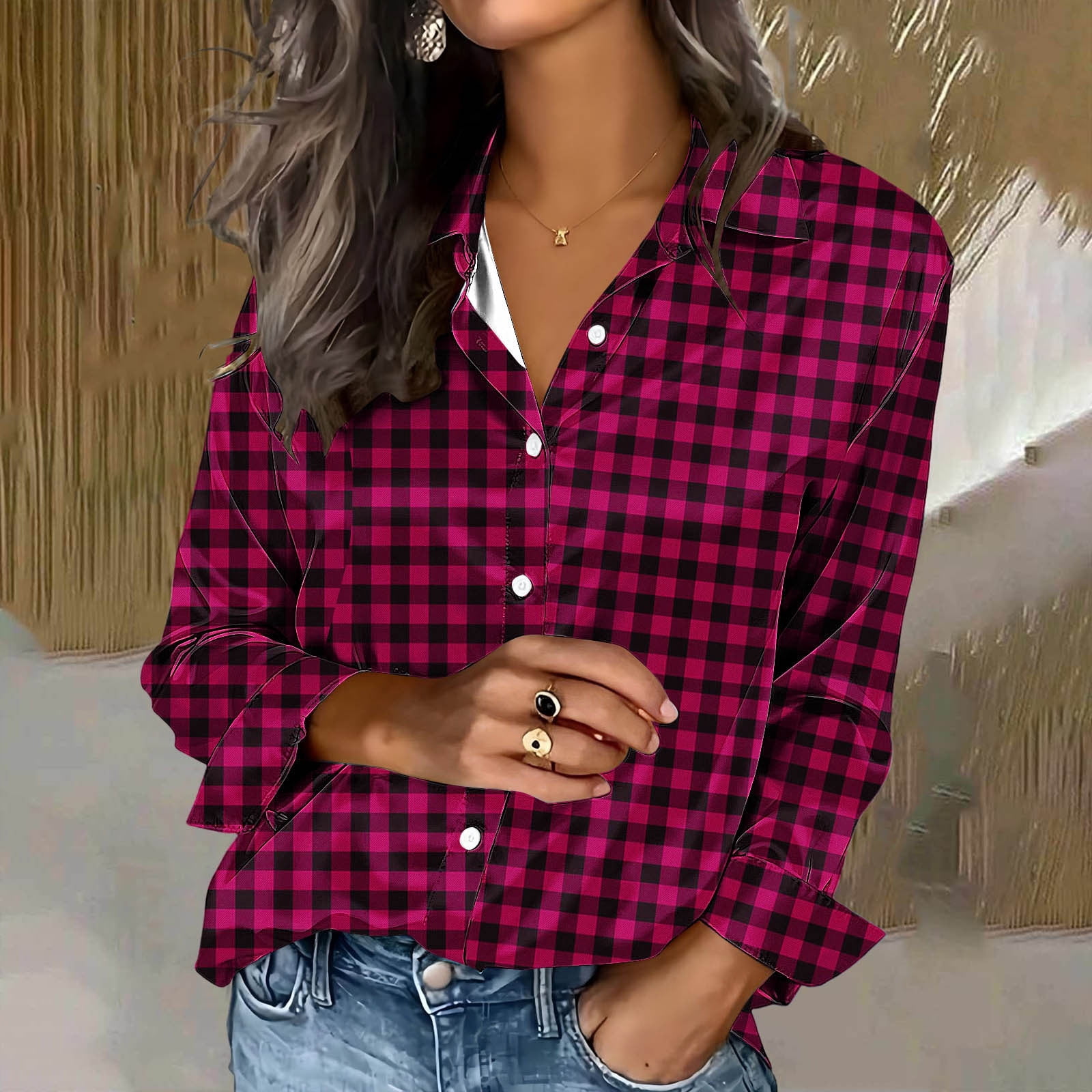 Button Down Shirt for Women Buffalo Plaid Checkered Pattern Collared ...