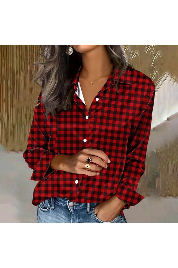Button Down Shirt for Women Buffalo Plaid Checkered Pattern Collared Neck Long Sleeve Office Workwear Relaxed Fit Classic Casual Blouse