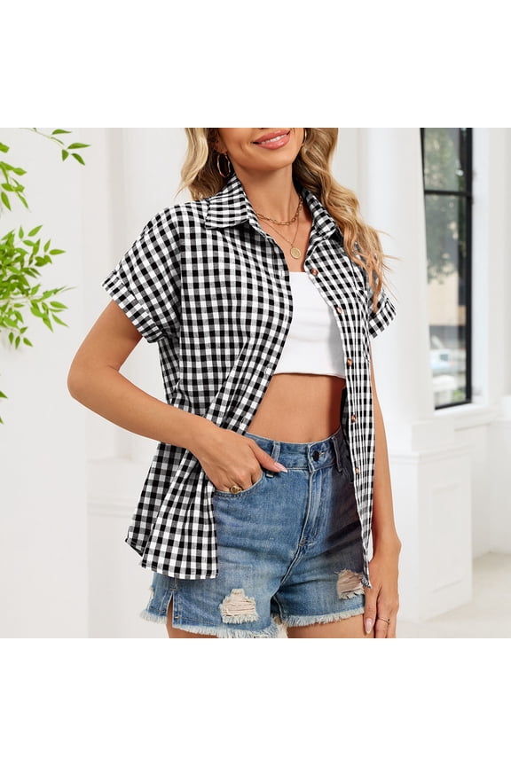 Button Down Shirt for Women Classic Gingham Plaid Pattern Collared Neck Short Sleeve Relaxed Fit Pocketed Blouse Casual Summer Beach Top
